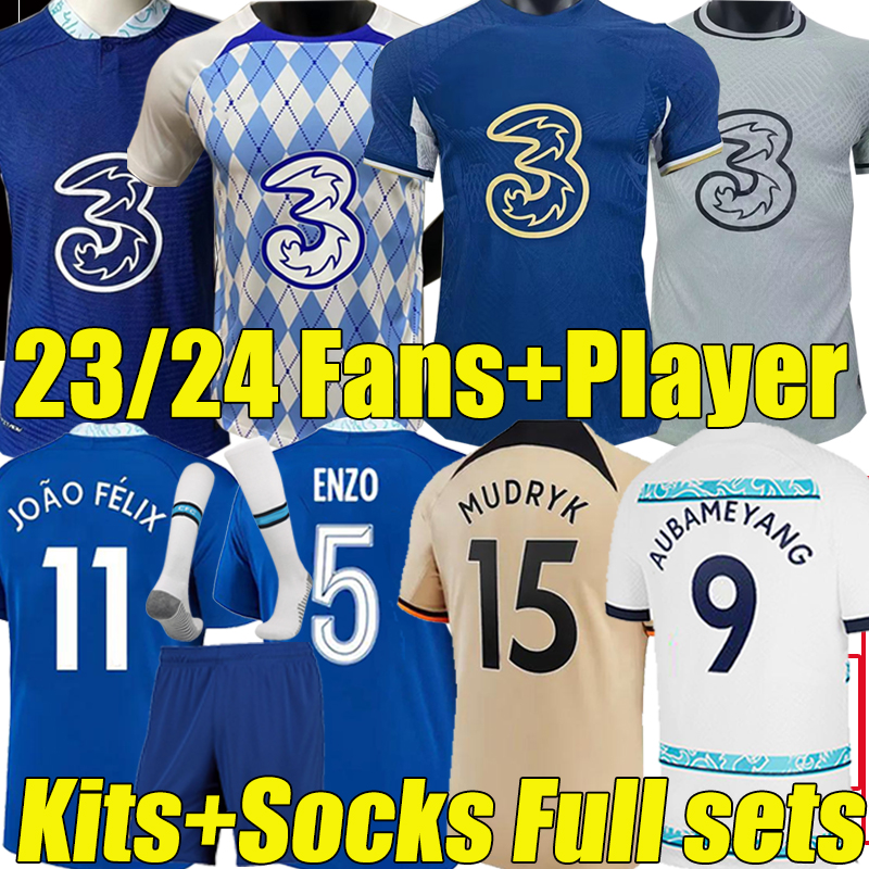 

22/23/24 CFC fans player version Soccer Jerseys Enzo Mudryk Joao Felix STERLING Fofana Cucurella KOULIBALY PULISIC KANTE MOUNT 2023 football shirt men kids kits socks, 22-23 home kit