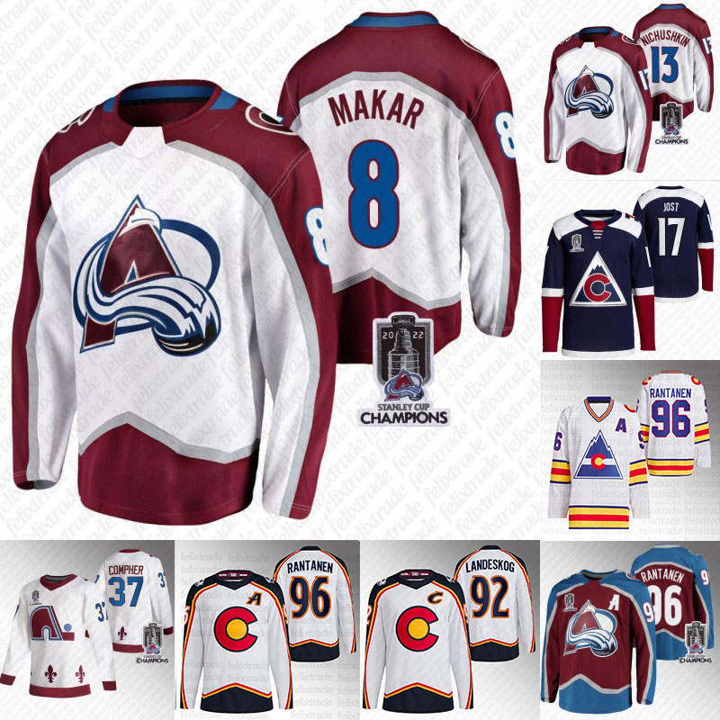 

2022 Stanley Cup Champions jersey #8 Cale Makar Avalanche Colorado Nathan MacKinnon Valeri Nichushkin Gabriel Landeskog Mikko Rantanen Reverse Retro jersey, 1977 retro men s-3xl