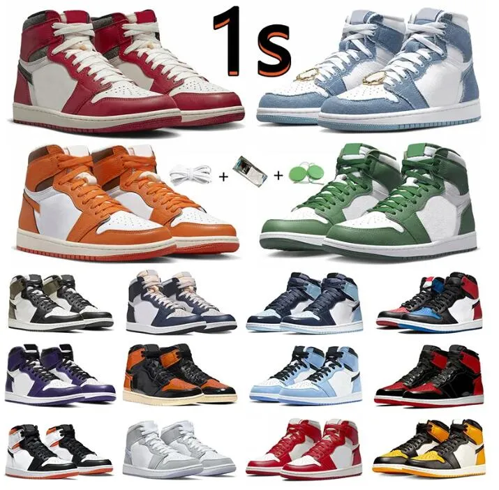 

Jumpman 1 1s High OG Mens Basketball Shoes Lost Found Gorge Green StarFish Bred Patent Dark Mocha Grey Fog Denim University Blue Shadow Men, 19
