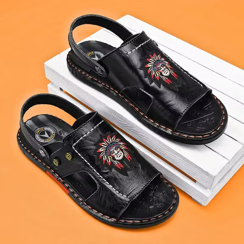 

Men's Leather Slippers Summer Fashion Personality Casual Outdoor Comfort Non-Slip High-Quality Soft Soled Sandals, Black