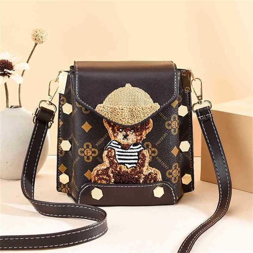 

handbag 2023 Fashion women's bag leather quality Handbag women's Cartoon Bear cute shoulder messenger small square Bag, Sky blue