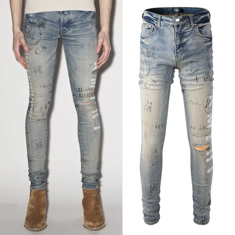 

Men's Denim Jeans Painted Effect Damage Wash Slim Fit YpY, 3379