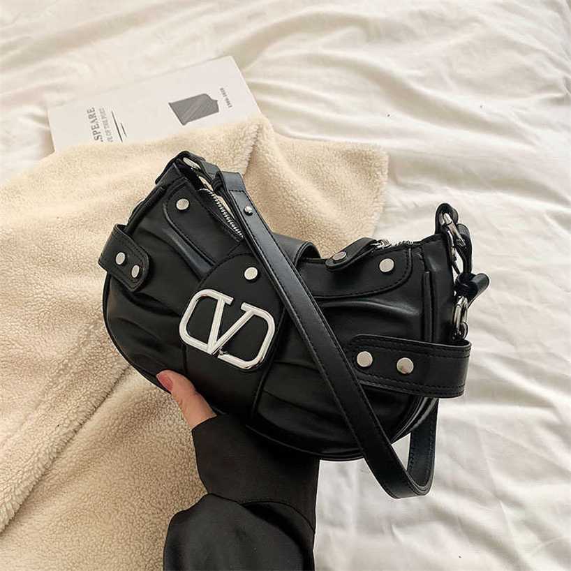 

handbag 2023 Fashion women's bag leather quality handbag able Heavy work rivet shoulder fashion pleated crescent underarm female Bag, Black8