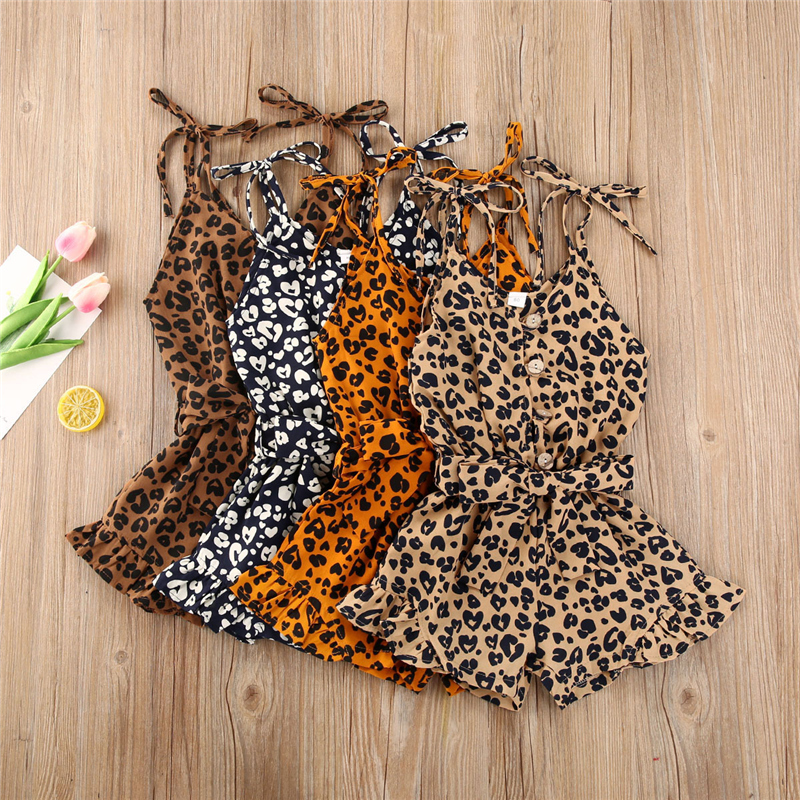 

2023 Summer Infant Baby Girls Clothing Leopard Overalls 4 Colors Sleeveless Button Shorts Jumpsuits Fashion Outfits denim short jumpsuit, Leopard brown