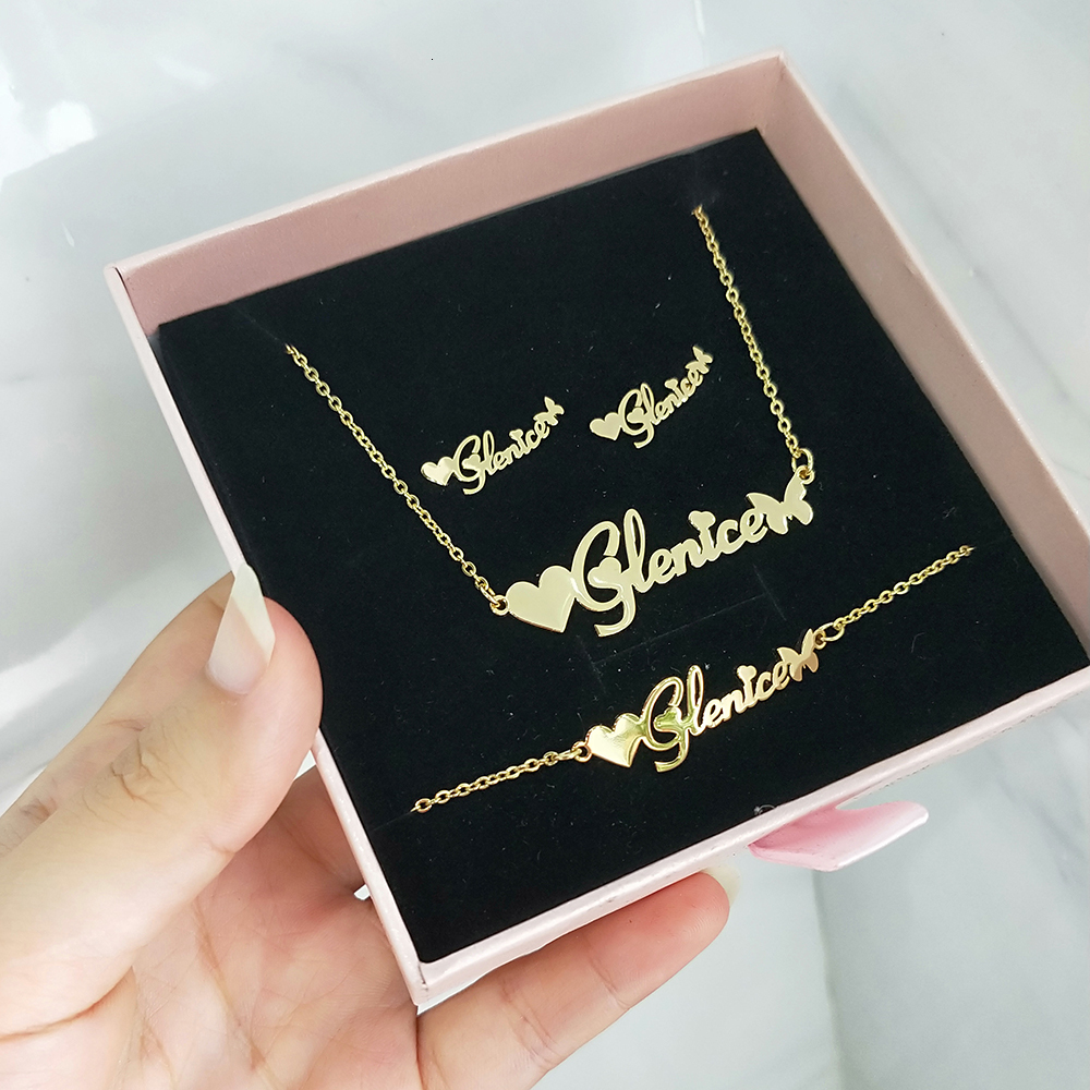 

Jewelry DODOAI Customized Sets Trendy Letter Earrings Stainless Steel Name NecklaceEarringsBracelet Ring Nameplate Gift 230311, Gold