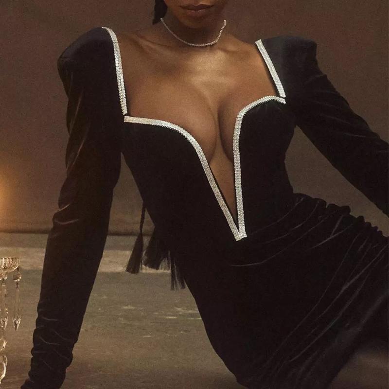 

Casual Dresses Spring High Quality Black Bodycon 2023 Autumn Long Sleeve Crystal Women Party Sexy Velvet Dress Evening NightCasual