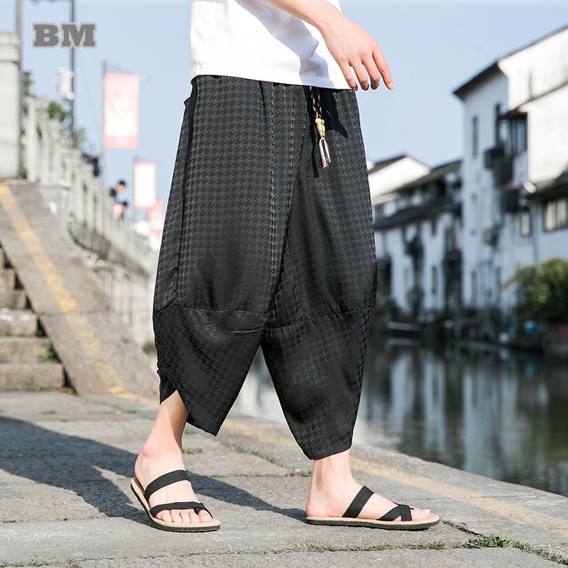 

Men's Pants Chinese Traditional Dress Thin Plaid Ice Silk Cropped Summer Loose Plus Size Harem Men Clothing Ethnic BloomersMen's, Black