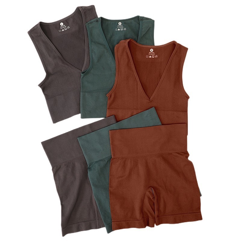 

Bras Sets Sport Rib Bra Set Women Fitness Seamless Underwear High Waist Shorts Female Sexy Lingerie Bralette Deep V Top Sportwear 230311, White