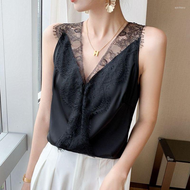 

Women's Blouses Lace V-Neck Solid Women Faux Silk Vest Top Strap Tank Tops Casual Sleeveless Shirts Blouse Camisetas Tirantes Mujer Outfit, Black