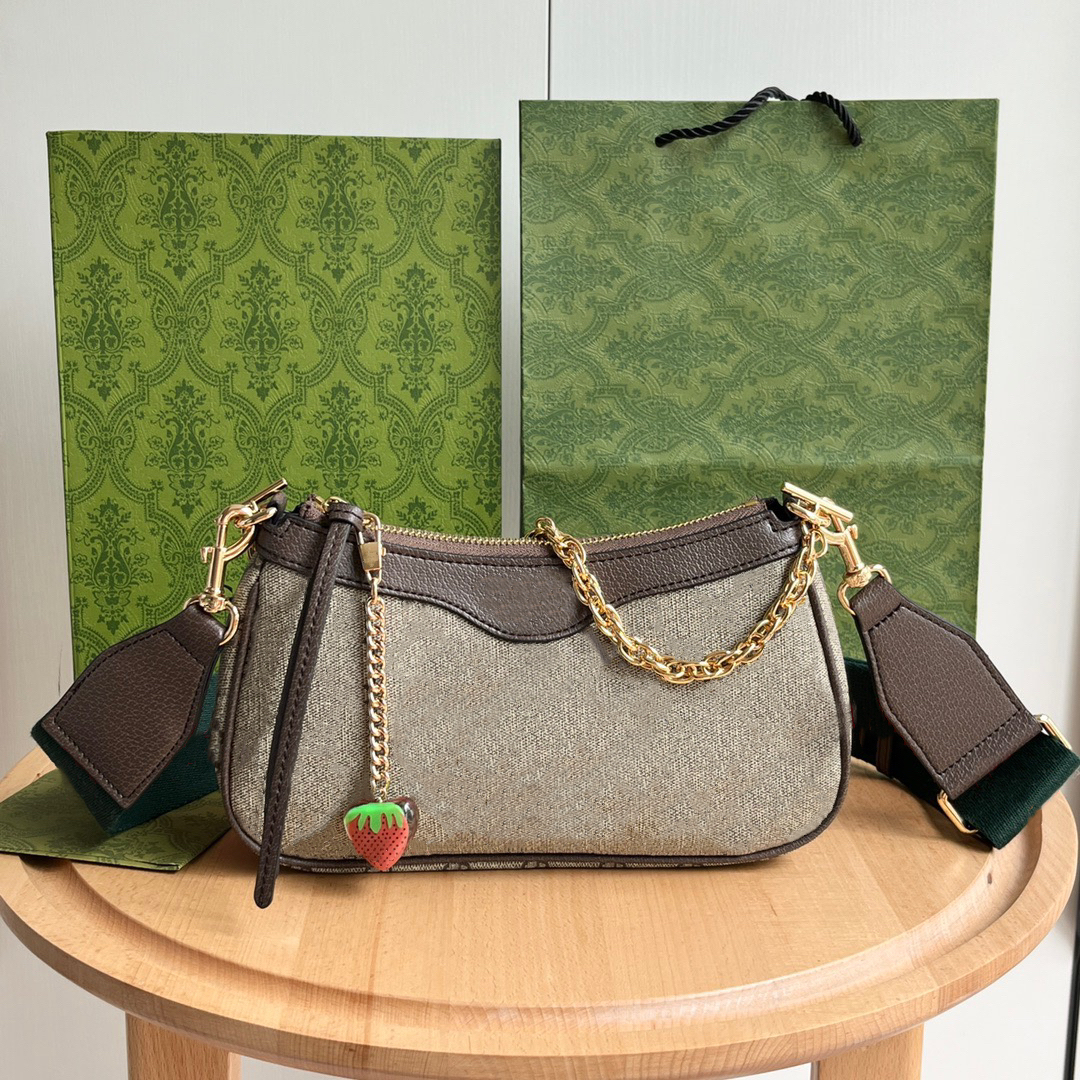 

Strawberry Locket Ophidia Pouch Crossbody Bags Women Designer Chain Shoulder Bags with Canvas Streak Strap, Brown