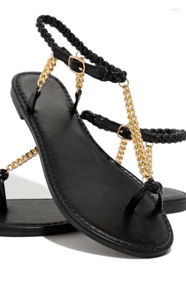 

Sandals Women Shoes 2023 Fashion Outdoor Beach Open Toe Slides Buckle Strap Casual Weave Chain Shallow Slippers Flats, Black