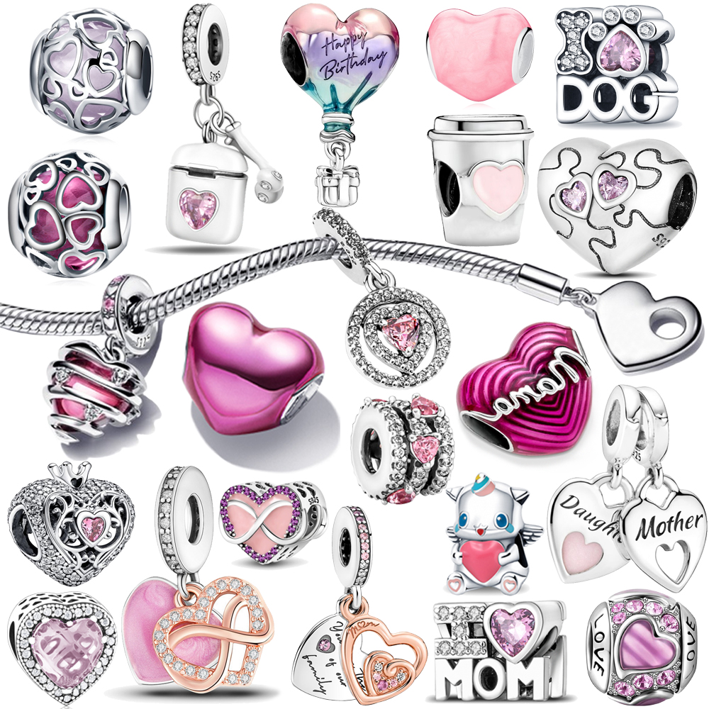 

925 silver Fit Pandora Original charms DIY Pendant women Bracelets beads Metallic Pink Heart Charm Beads