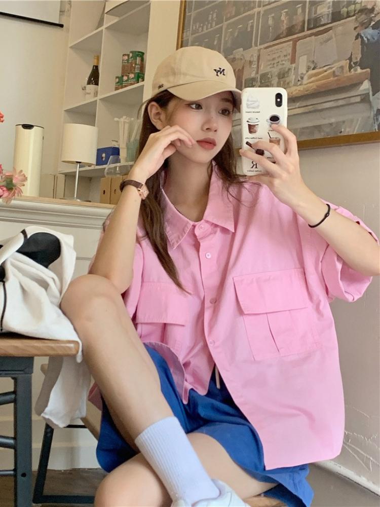 

Women's Blouses & Shirts Real S 2023 Summer Korean Ins Tooling Loose All-match Single-breasted Lapel Short-sleeved Shirt LadiesWomen's, Pink