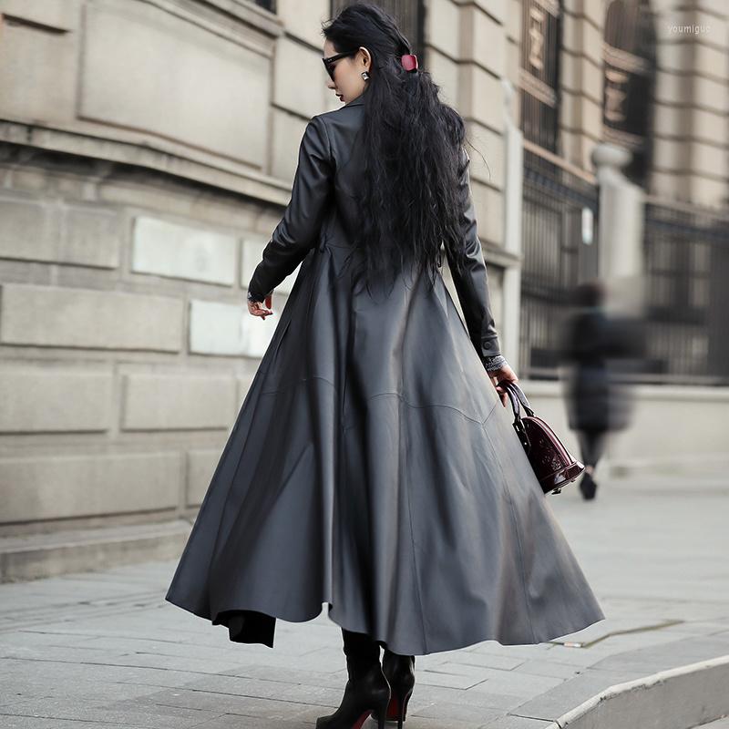 

Women' Leather Jacket Real Women Autumn Long Trench Coat Female Genuine Sheepskin Coats High Quality Clothes Mujer Chaqueta, Red