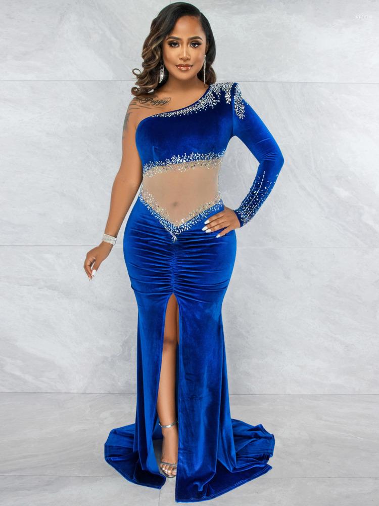 

Casual Dresses Mozision Elegant Velvet Diamond Mesh See Through Maxi Dress For Women Gown Fashion One Sleeve High Split Long Vestido, X5593 blue