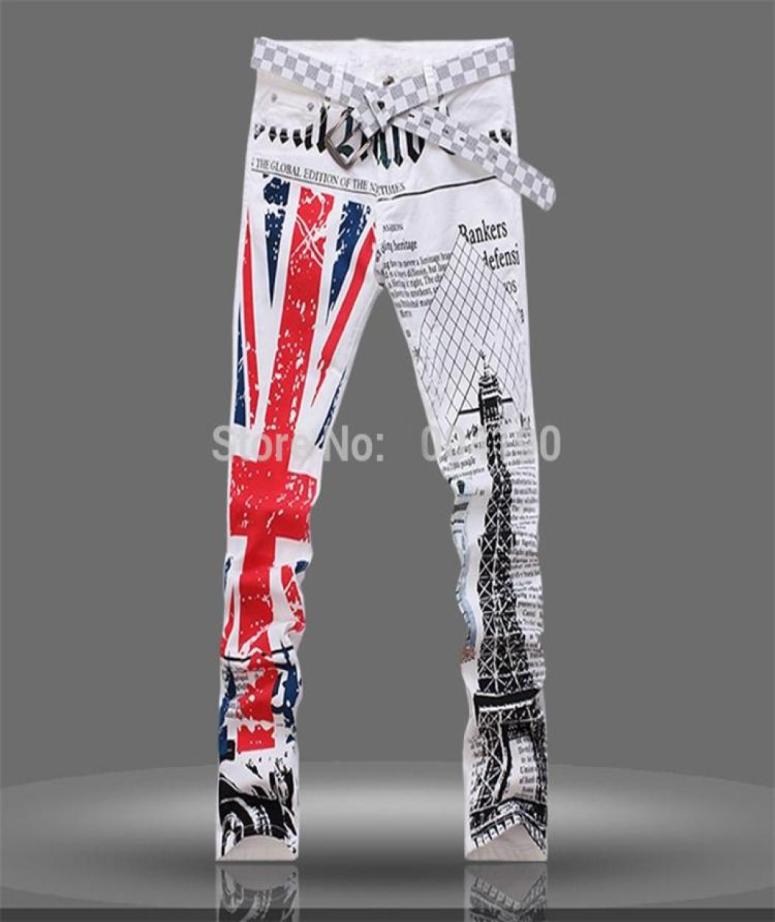 

WholeMens UK British Flag Jeans Pants Colored Drawing Tower Printed Fashion SKinny White Jeans Casual Stretch Jeans Trousers 9300643