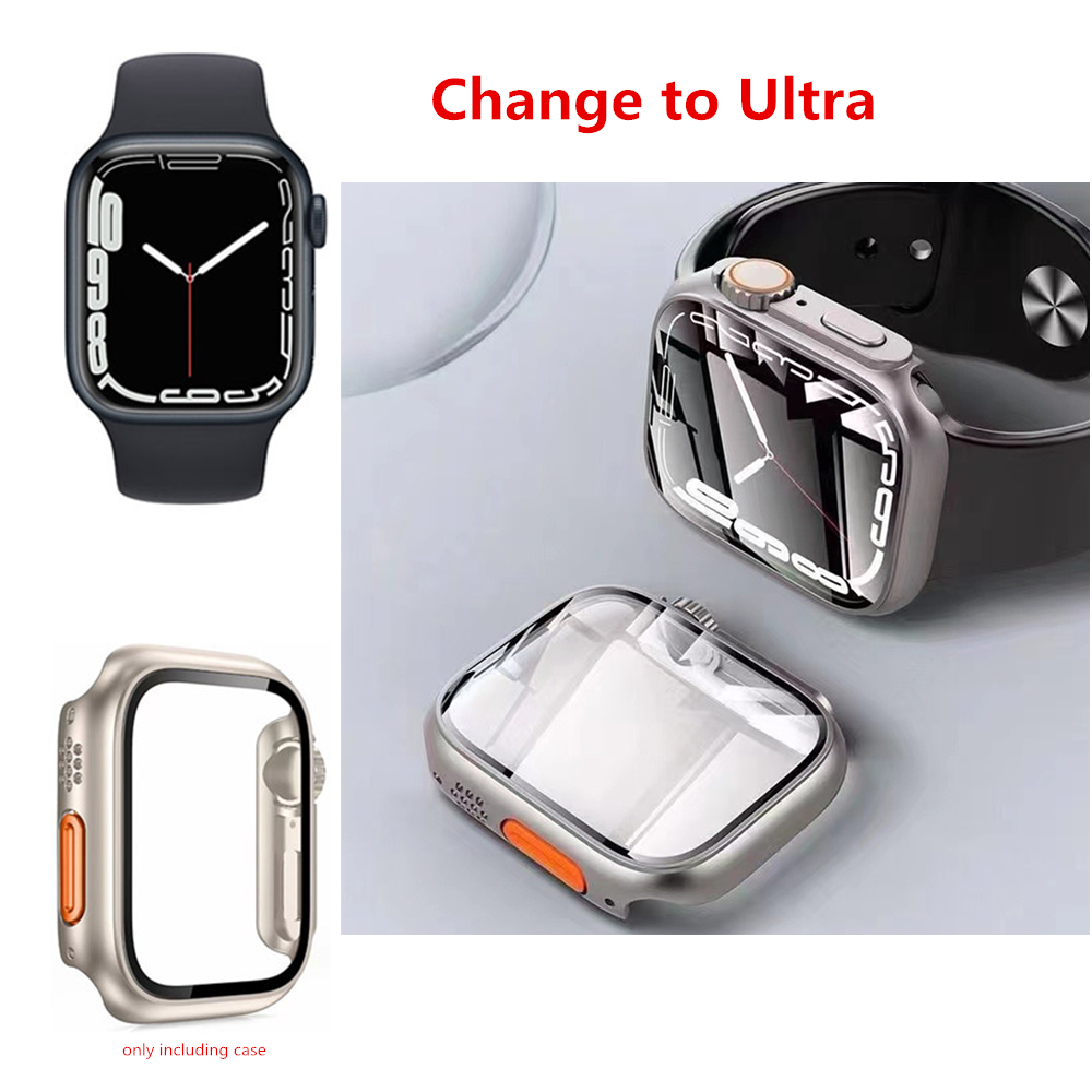 

Watch Cover Cases Tempered Glass Screen Protector Mod PC Armor Case for Apple iWatch Series 8 7 6 5 4 SE 40mm 41mm 44mm 45mm Seconds Change to Apple Watch Ultra 49mm, Titanium
