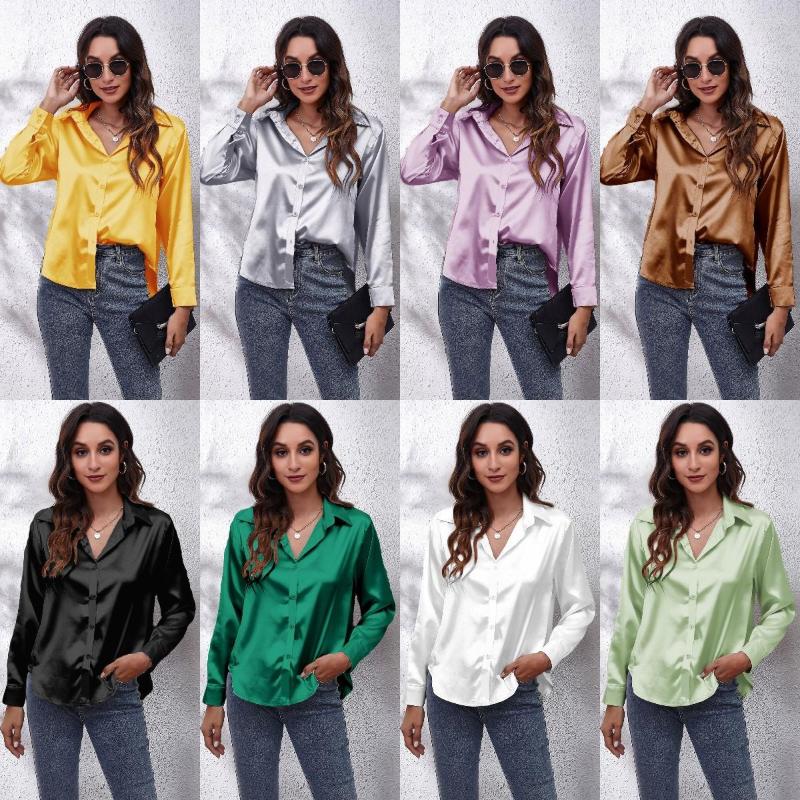 

Women' Blouses Womens Satin Silk Blouse V Neck Button Down Long Sleeve Casual Summer Dressy Tops For Work Professional, Dark grey