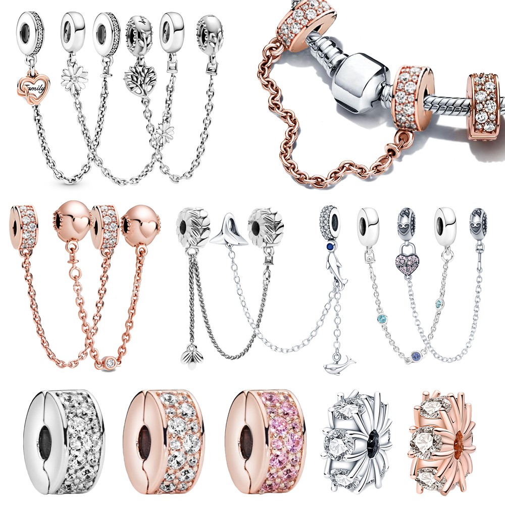 

925 silver Fit Pandora Original charms DIY Pendant women Bracelets beads Clear Safety Chain Clip Charm Rose Gold Women Festival