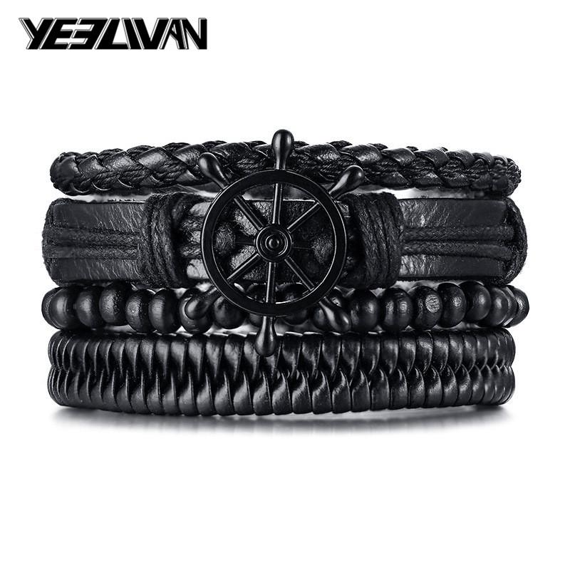 

Cuff Vintage Anchor Rudder Multilayer Leather Bracelet Men Fashion Braided Handmade Black Beads Rope Wrap Bracelets & Bangles Gifts