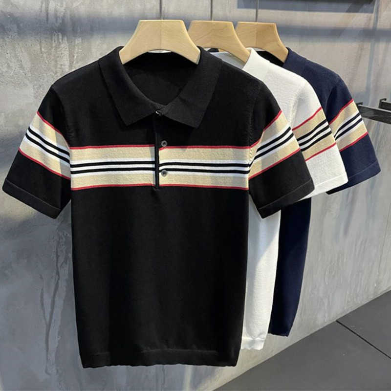 

Casual polo shirt men short-sleeved Tshirt burb designer tshirt cotton sweatshirt Tb stripe pullover tee, White