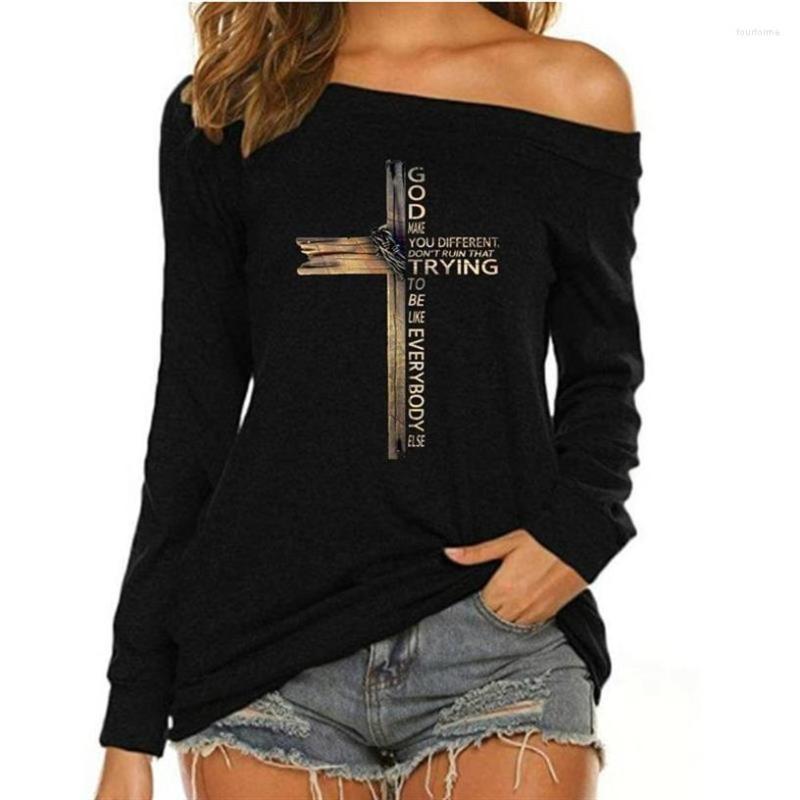 

Men's T Shirts Faith Jesus Women's Sexy T-shirts Autumn Tops Fashion Long Sleeves Black Tees Ladies Street Casual Sloping Off Shoulder, Blue