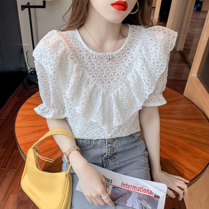 

Women' Blouses & Shirts For Women Korean Fashion French Retro Solid Color Blouse Round Neck Puff Sleeve Pleated Splicing Temperament Casual, White