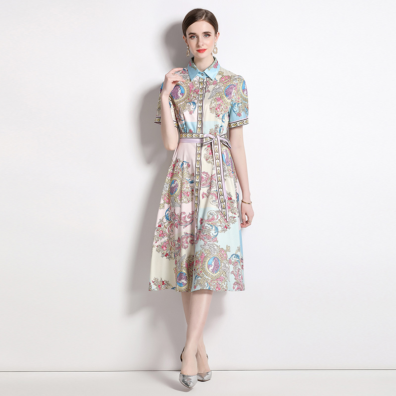 

Summer Designer Print Midi Dress Short Sleeve Light Luxury Women Office Chic Lapel Classic Button Up Shirt Dresses 2023 Holiday Party Ribbon Bow Elegant Ballgown