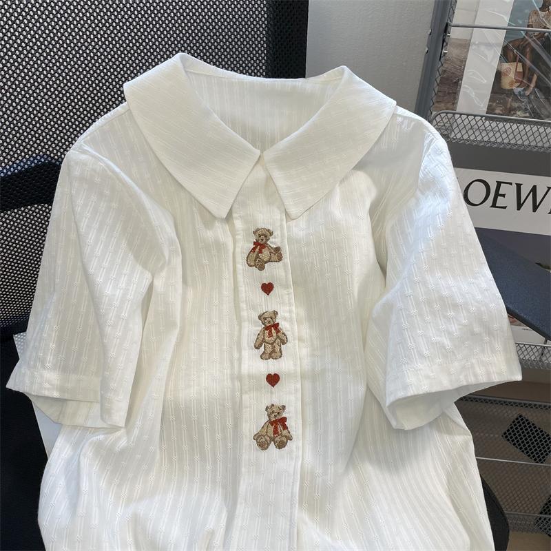 

Women's Blouses & Shirts Women Single Breasted Bear Embroidery Floral Casual Sweet Girl White Short Sleeve Turn Down Collar Top 2023 BlusaWo, Picture shown