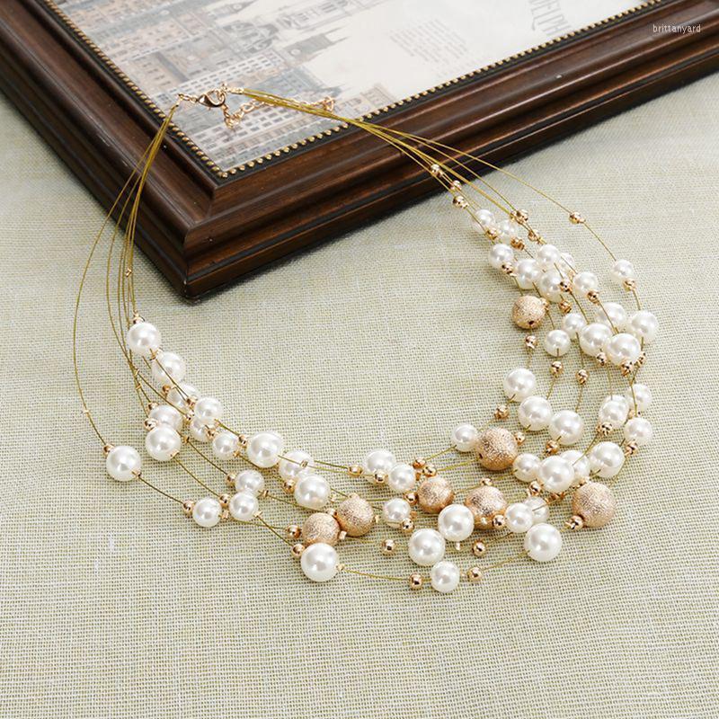 

Necklace Earrings Set & Fashion Gold Multi Layer Chains Imitation Pearl For Women Party Wedding Bride SetEarrings Brit22, Picture shown