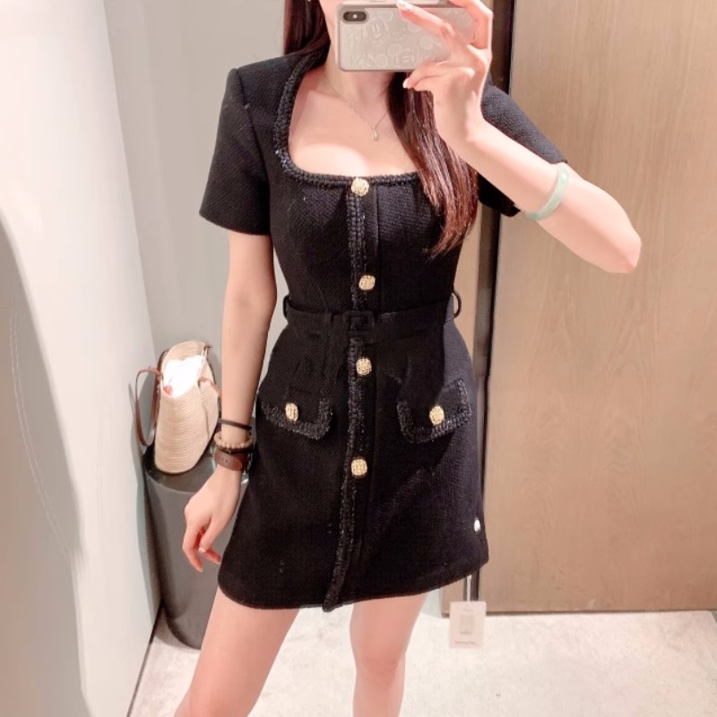 Spring Black Solid Color Waist Belted Tweed Dress Short Sleeve Square Neck Buttons Single-Breasted Casual Dresses Brand Same Style Designer W3M123005