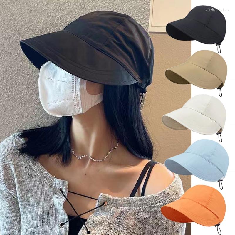 

Wide Brim Hats Fisherman Sun Hat Portable Foldable Beach For Women Summer Quick-drying Visors Adjustable Drawstring Cap Gorras, Black