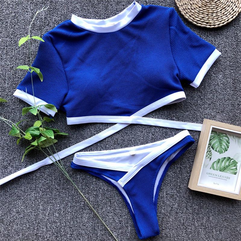 

Women' Swimwear Solid Swimsuits Womens 2023 Est Short Sleeve Bathing Padded Bra Thong Low Waist Beachwear Bandage Two-piece Sportwear Femal, Black