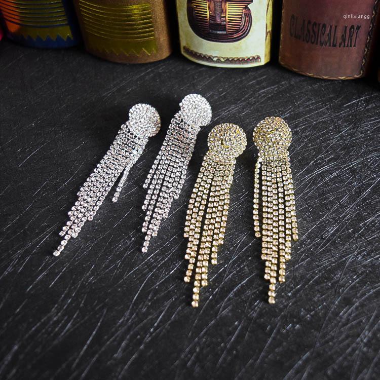 

Backs Earrings 2023 Luxury Gold Silver Clip On Earring Full Rhinestone Long Tassel Clips For Women Fashion Wedding Bridal Party Jewelry