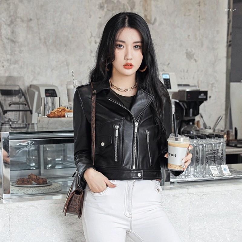 

Women's Leather 2023 Sheepskin Coat Autumn Women Genuine Short Jacket Zipper Motorcycle Jackets Street Long Sleeve Slim Fit Biker Outer, Black