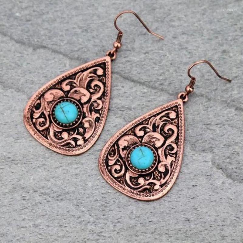 

Dangle Earrings Bronze Metal Engraved Pattern Blue Resin Stone Water Drop For Women Fashion Bohemia Jewelry Gifts
