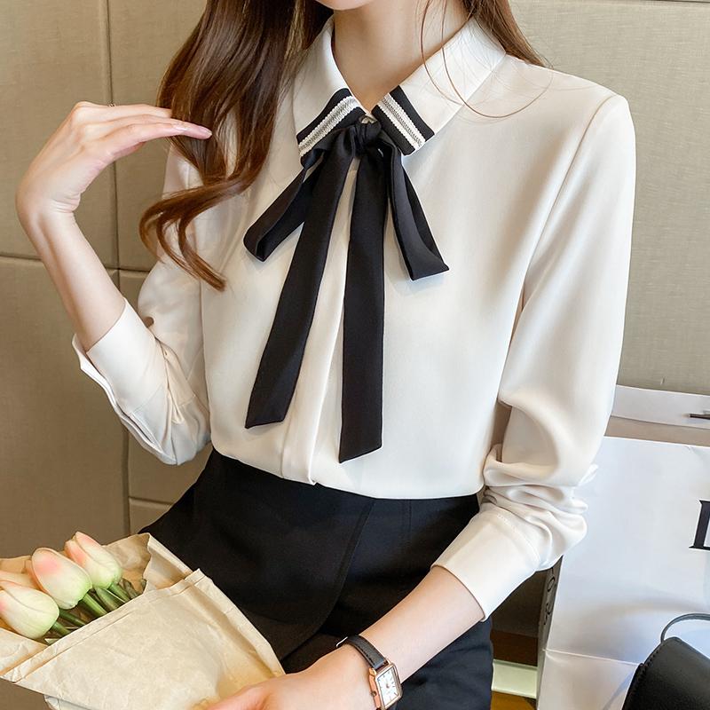 

Women' Blouses & Shirts Chiffon Loose Fashion Casual Long Sleeve Top Solid Color Bow Tie SummerWomen, Photo color