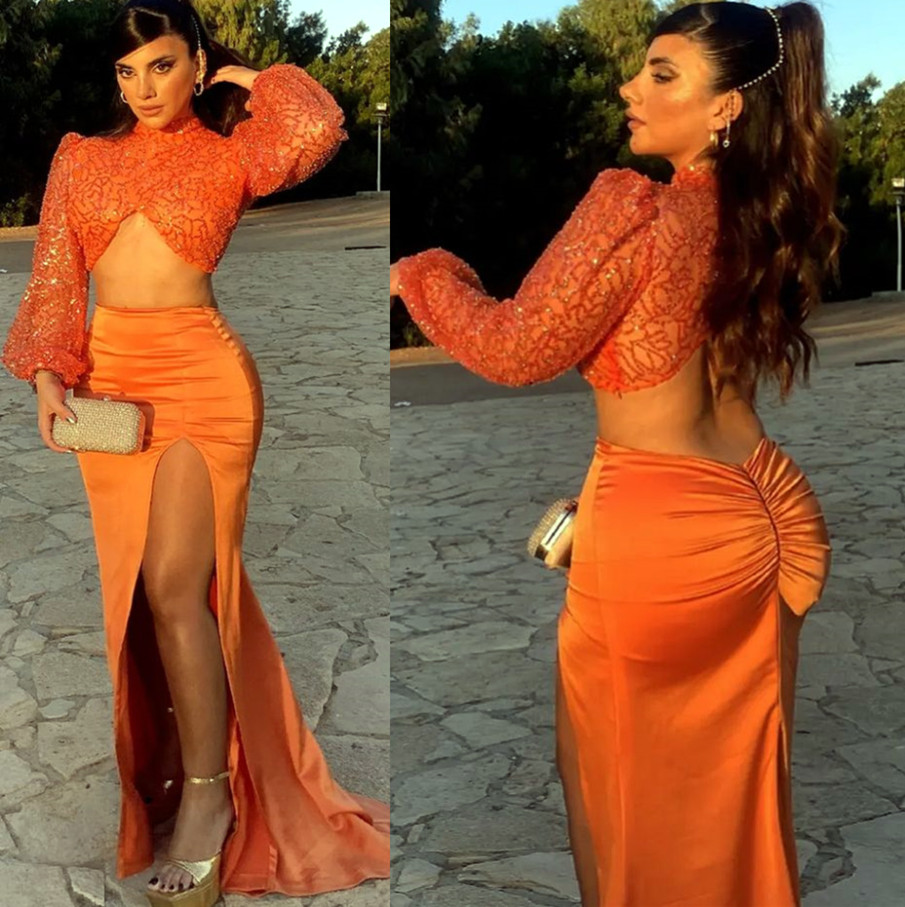 

2023 Arabic Aso Ebi Orange Mermaid Prom Dresses Two Pieces Sexy Evening Formal Party Second Reception Birthday Engagement Gowns Dress ZJ1565