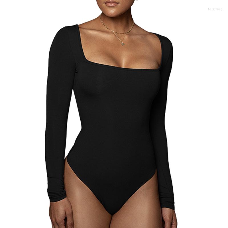 

Women' T Shirts Women Sexy Long Sleeve Bodysuit T-shirt Ladies Tight Fit Square Collar Solid Color Tops, Black