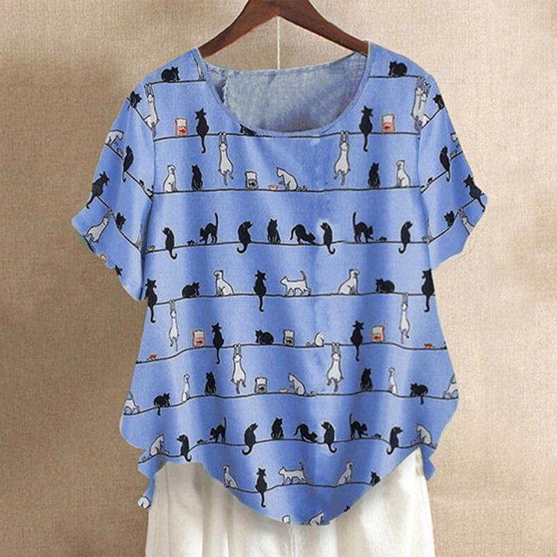 

Women's T Shirts Casual Summer Brown Long Sleeve Womens Shirt Round Neck Short Top Button Print Spandex Blouses For Women, Blue