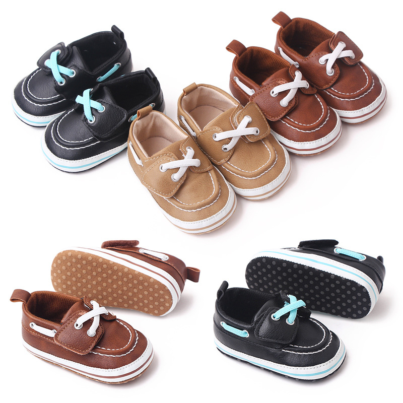 

Baby Newborn Boys Shoes Infant Kids Sneakers Toddler Pram Crib Shoes PU First Walkers Soft Sole Prewalker, Brown