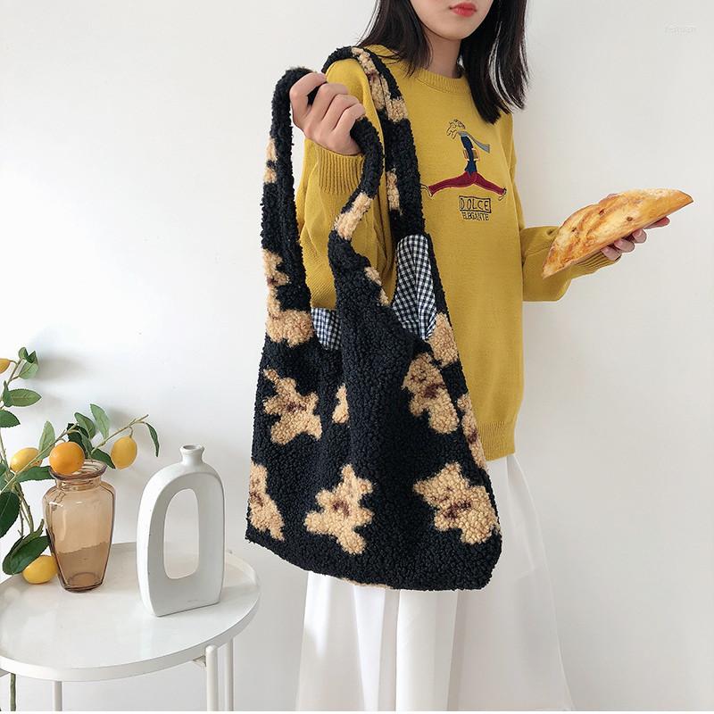 

Evening Bags Lambswool Handbags Shoulder Bag For Women Plush Tote Large Capacity Cute Cartoon Shopper Ladies Hand Bolsa Sac, Brown