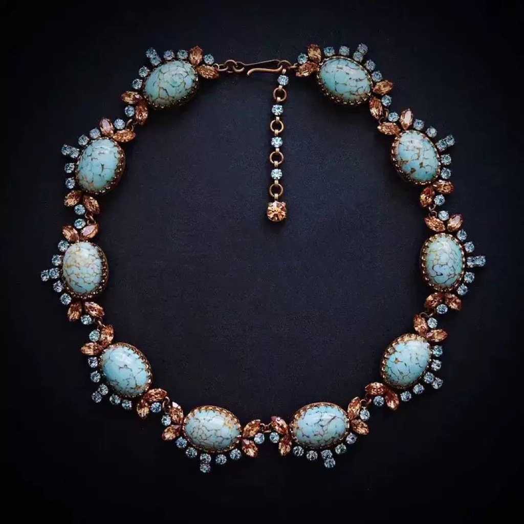 

Vintage Jewelry Women Necklace Turquoise Natural Gold Plated Bling Rhinestone Queen Princess Party Wearings Girls Gift Ideas, As picture