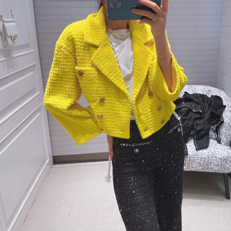 

Women's Jackets Double-breasted Woven Short Jacket Temperament Ladies Age Reduction Solid Color Slim Cardigan Women Spring And Autumn High-e, Yellow