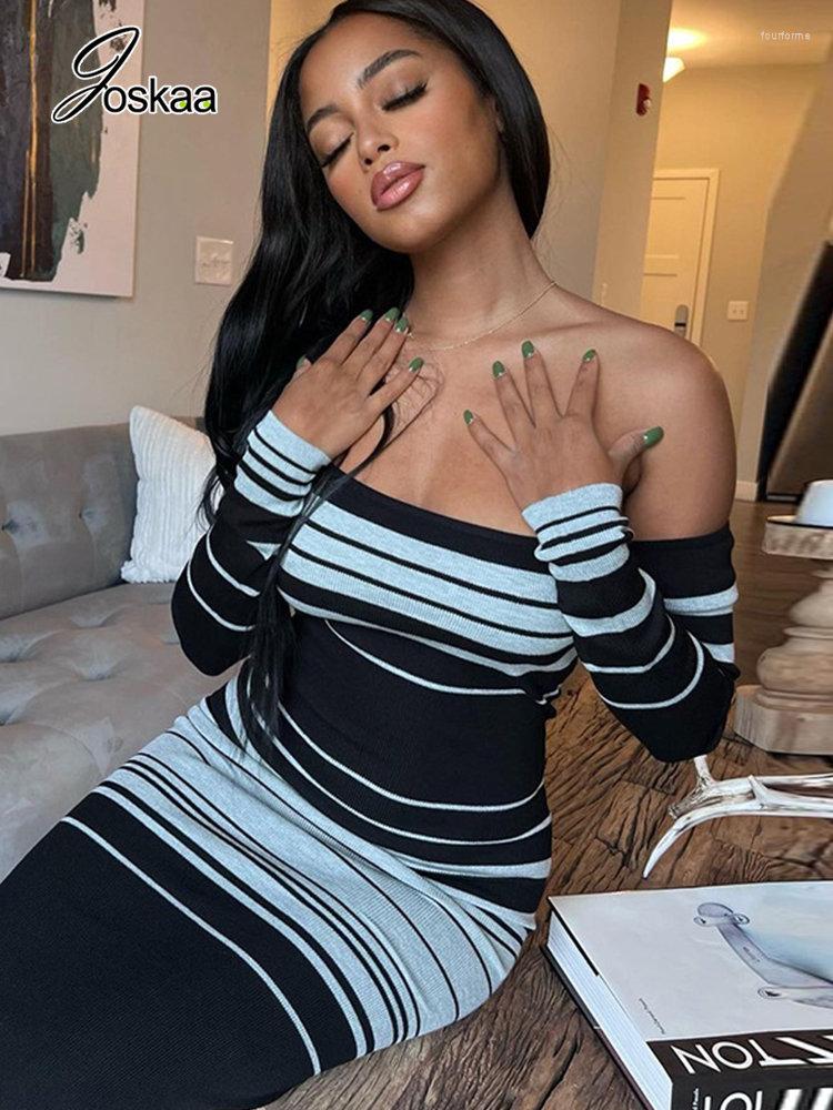 

Casual Dresses Joskaa Striped Print Midi Dress Women Hipster Sexy Off Shoulder Long Sleeve Body-shaping Robe Spring 2023 Elegant Party, Black