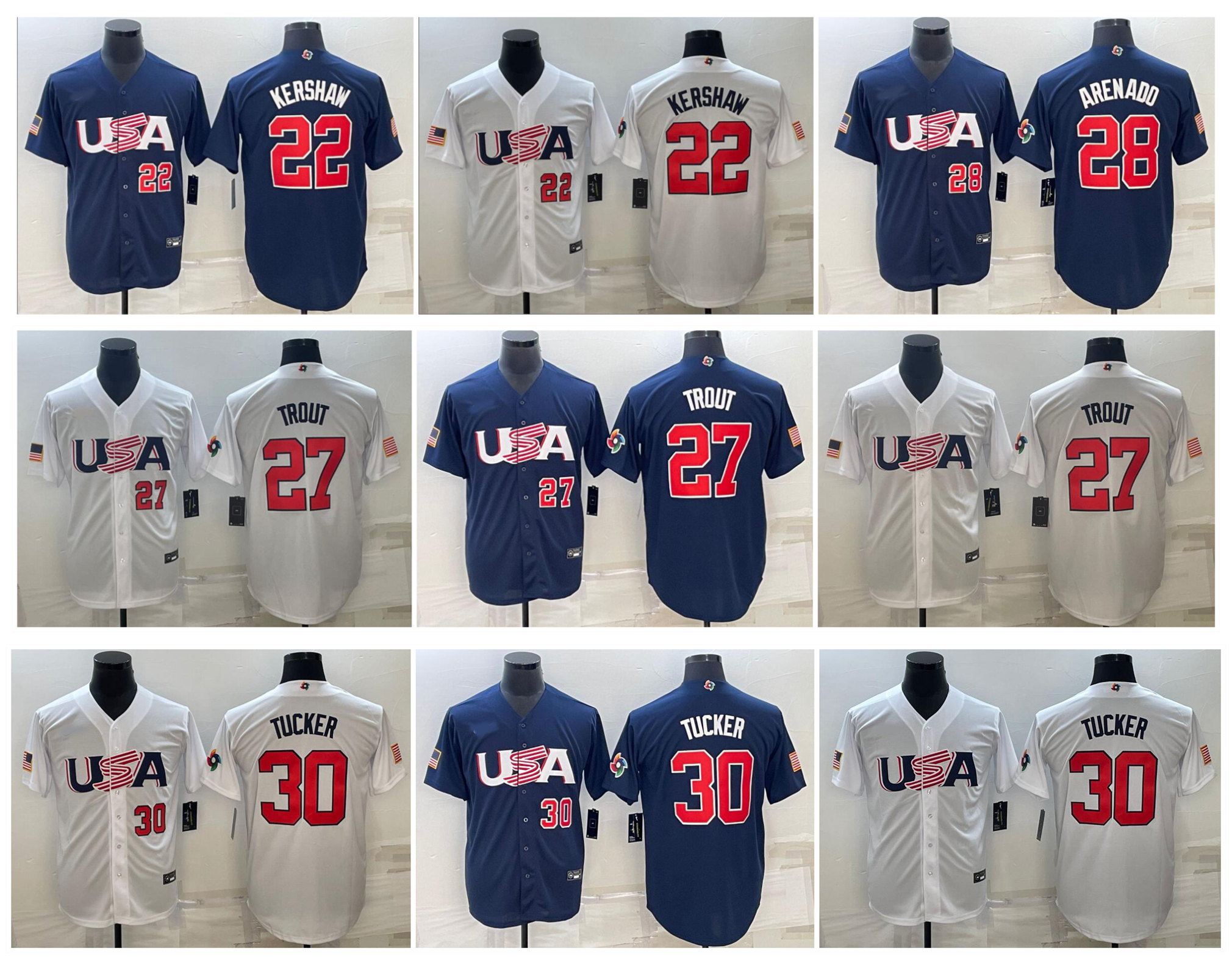 

Mike Trout 2023 Team USA WBC Baseball Jersey World Baseball Classic Clayton Kershaw Nolan Arenado Kyle Tucker White Blue Size S-XXXL, As pic
