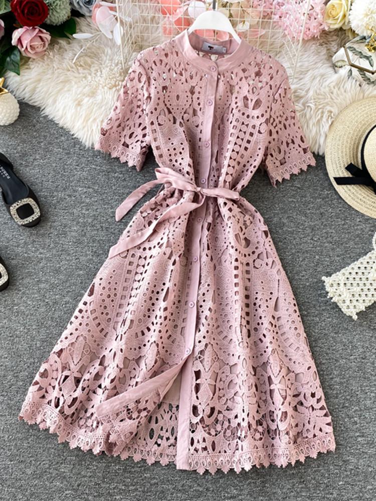 

Casual Dresses Women Elegant Hollow Out Lace Dress Office Lady Summer Solid O-Neck Button Up Sashes Midi Female Chic Short Sleeve DressCasua, White