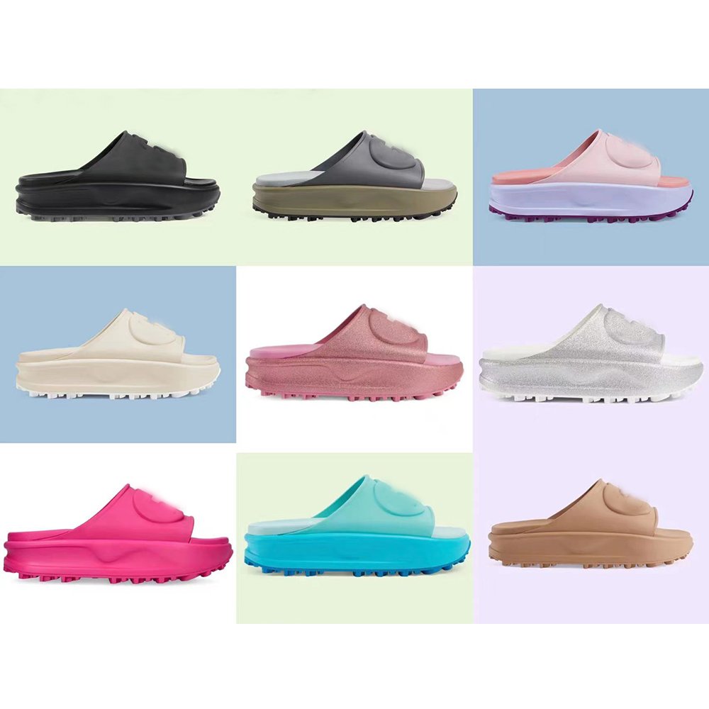 

2023 Metallic Rubber Slide Slippers with Interlocking G Design Rose Pink Womens Embossed Sandal Macaron Platform non-slip Low-heel Slider Latest Silver Rubber sole, 10