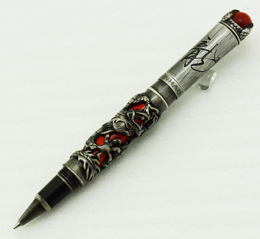 

Jinhao Dragon King Vintage Rollerball Pen Unique Metal Embossing Hi-tech Gray & Red Color Business Office Home Supplies, Picture shown
