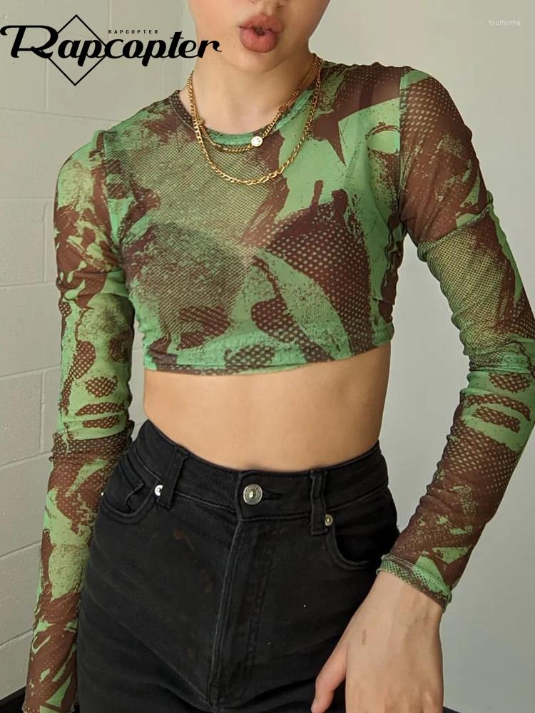 

Women' T Shirts Rapcopter Y2K Green Print Crop Top Mesh See Thorugh O Neck Shrit Long Sleeve Grunge Retro Sexy Tee Women Korean Streetwear